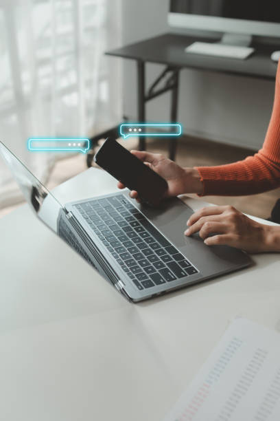 istock Person typing messages, business people typing messages via online messaging app, sending data and chatting via wireless internet network. The concept of using wireless technology in communication. 1777296061