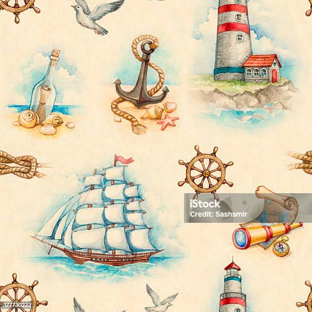 Nautical Watercolor Seamless Pattern Stock Illustration - Download Image Now - Survival, Adventure, Bottle