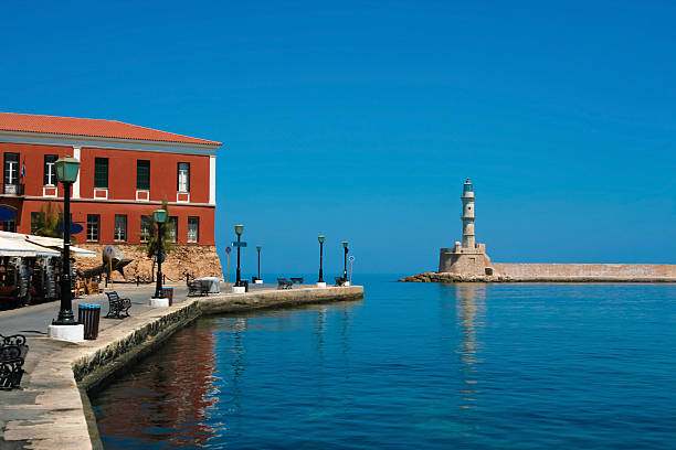 Promenade and lighthouse in Chania, Crete, Greece stock photo