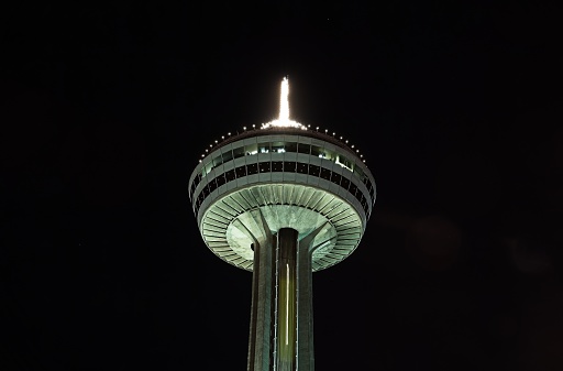 Image is intended for editorial use - The Skylon Tower, in Niagara Falls, Ontario, is an observation tower that overlooks both the American Falls, New York, and the larger Horseshoe Falls, Ontario, from the Canadian side of the Niagara River.