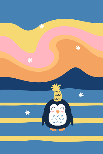 Happy penguin in hat under the sky with the Aurora Borealis lights. Vector print for poster, card, banner. Vertical illustration for decor and design.