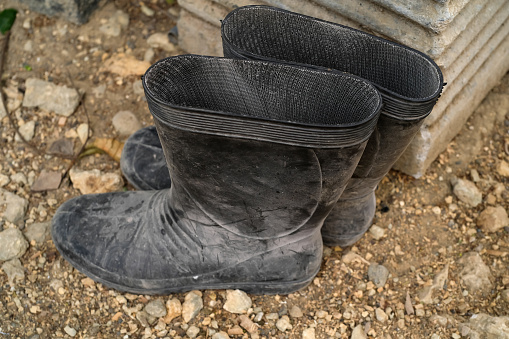 Dirty rubber boots on the farm.