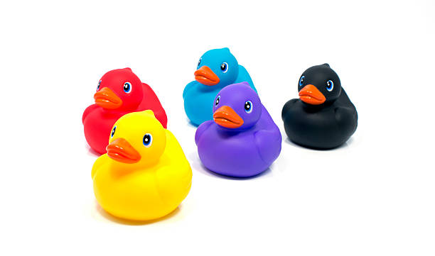 istock red yellow blue pink and black bath ducks 177732149