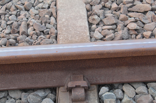 Close up of railroad tracks on gravel on a sunny morning