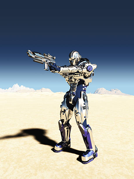 istock Future Soldier in Metallic Armour - Aiming Gun 177732805