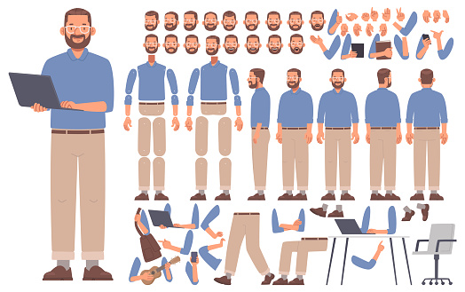 Bearded man character constructor. Male developer or programmer. A set of different views and poses, gestures and emotions, position of arms, legs and body for animation. Vector illustration in flat style