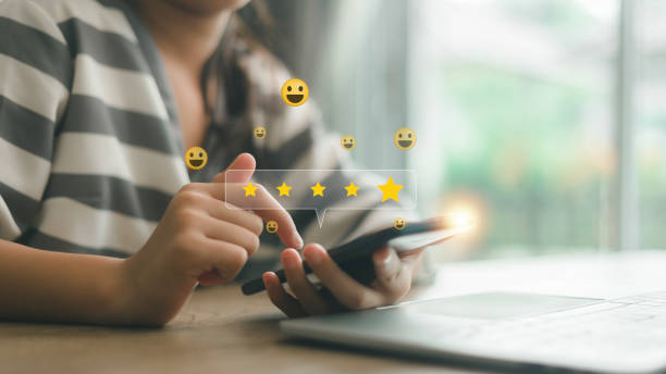 istock Customer service satisfaction concept. Positive emotion smiley face icon and five stars with copy space. Satisfied, feedback, review, good, best, good product and service, quality 1777333843
