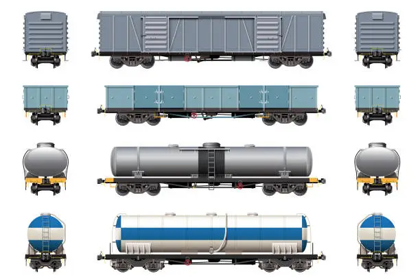 Vector illustration of various freight car, train cargo wagons
