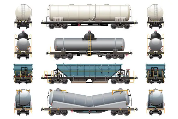 Vector illustration of various freight car, train cargo wagons