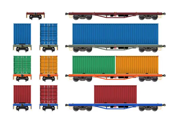 Vector illustration of various freight car, train cargo wagons, flatbed with container