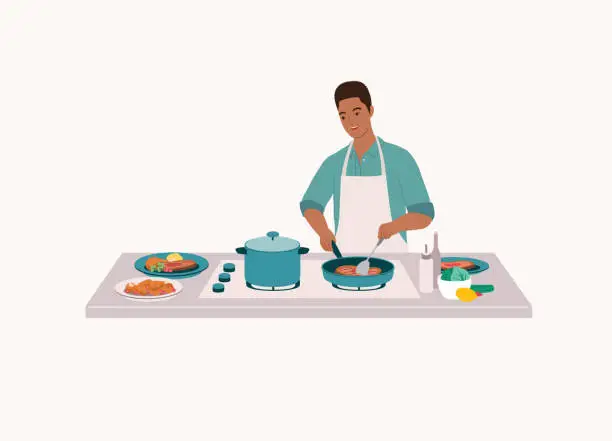 Vector illustration of Black Man Cooking Steak With Frying Pan At Kitchen Stovetop.