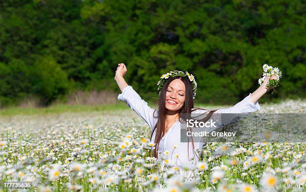 Girl On The Meadow Stock Photo - Download Image Now - Agricultural Field, Chamomile Plant, Women