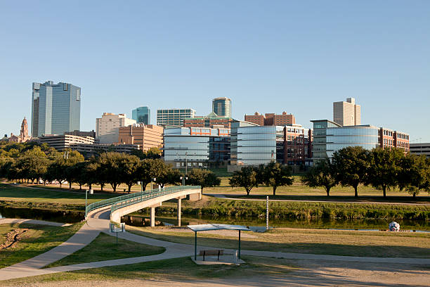 Downtown Ft Worth, Texas "Dowtown skyline of Ft Worth, Texas with Trinity Park in the forground" fort worth stock pictures, royalty-free photos & images