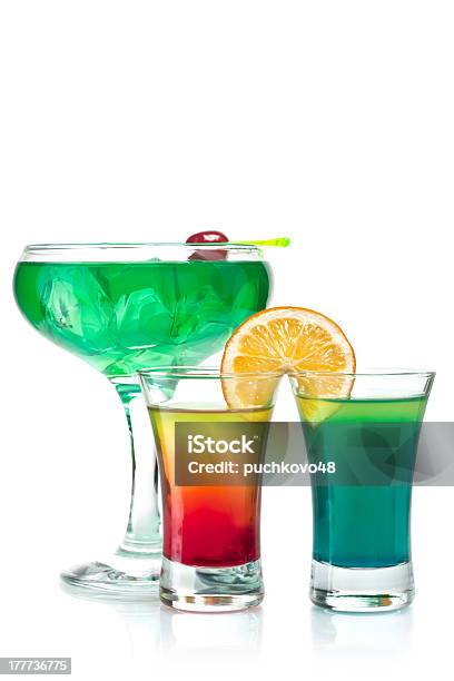 Three Cocktails Stock Photo - Download Image Now - Alcohol - Drink, Blue, Cherry