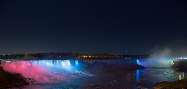 Panoramic of American and Canadian Falls at Night from Niagara Falls, Canada