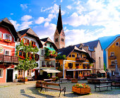 Quaint square in the Austrian village of Hallstatt