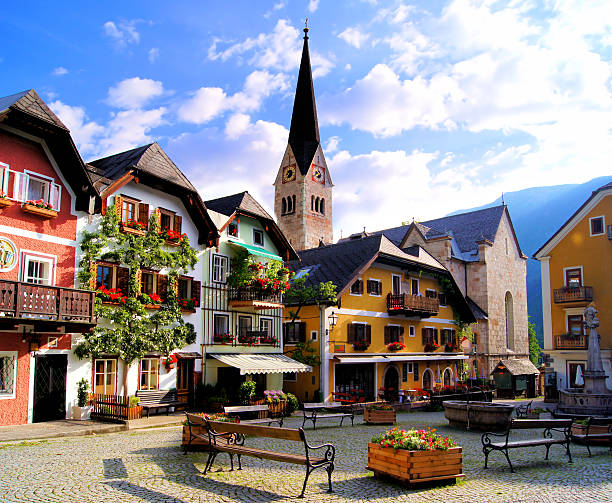 Quaint square in the Austrian village of Hallstatt stock photo