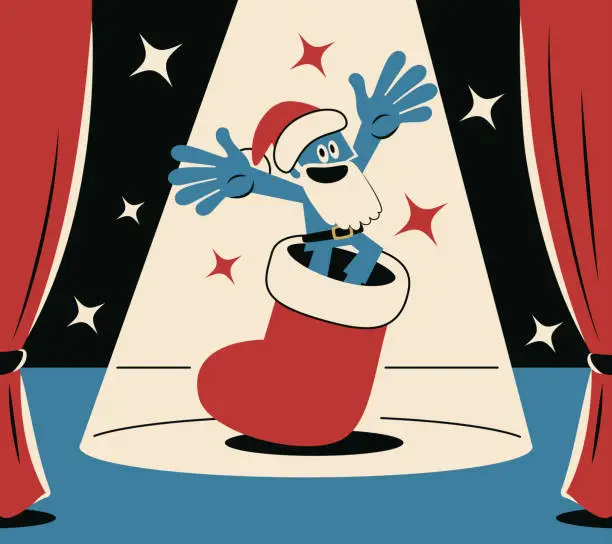 Vector illustration of Happy blue Santa Claus popping out of a Christmas stocking on stage with a spotlight and blessing everyone