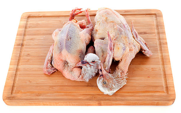 pigeon meat two pigeon meat on a wood cutting board squab pigeon meat photos stock pictures, royalty-free photos & images