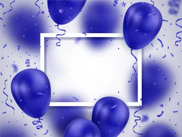 Vector illustration of Celebration banner with violet blue balloons and confetti