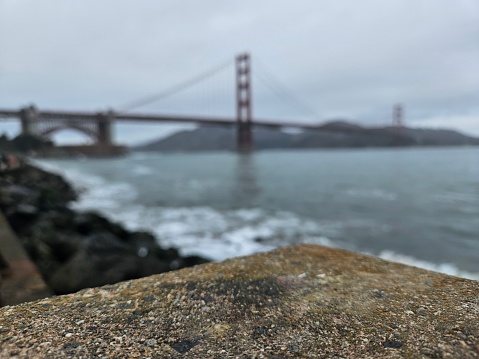 Focused view of golden gate bridge in san francisco bay area in california with different styles of blurred background and artistic views