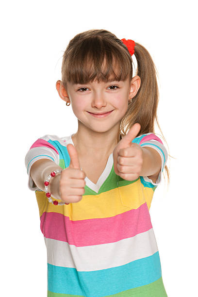 istock Cheerful girl holds her thumbs up 177740910