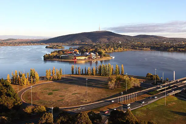 Lake Burley Griffin, including Black Mountain Tower, the Australian National Museum shot from a hot air balloon.