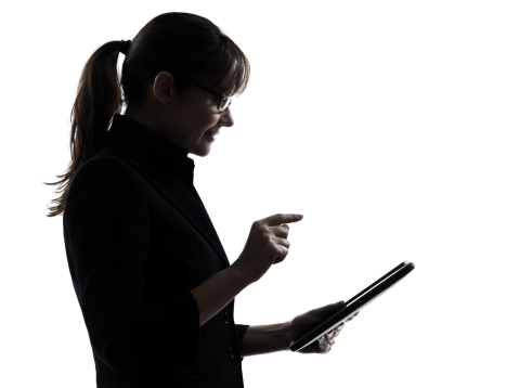 business woman computer computing  typing digital tablet silhoue