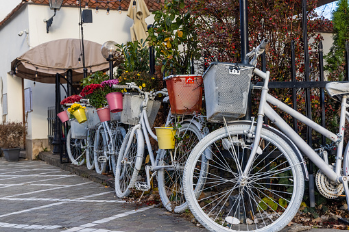 Vibrant flowers adorn parked bicycles on a street. High quality photo