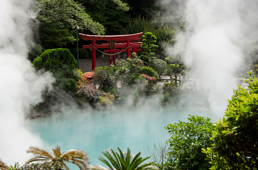 The Sea Hell, one of the eight hells (Jigoku), multi-colored volcanic pool of boiling water in Kannawa district in Beppu, Japan.
