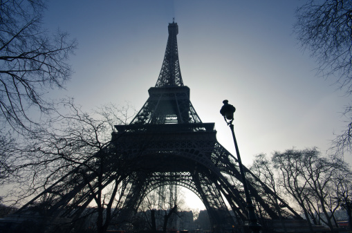 Eiffel tower contre-jour, with trees and a lamp