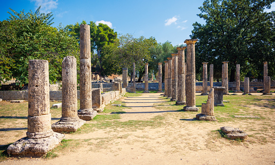 Ancient ruins in Olympia city- tour tourism in Greece, Peloponnese