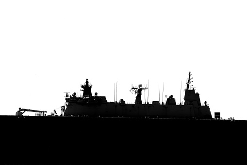 Black and white silhouette of army ship, white background with copy space, full frame horizontal composition