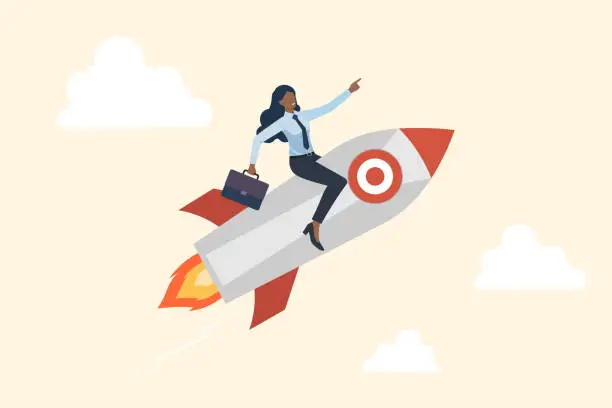 Vector illustration of The concept of a leader, manager, and businesswoman is being discussed by many people, African American business woman riding rocket.
