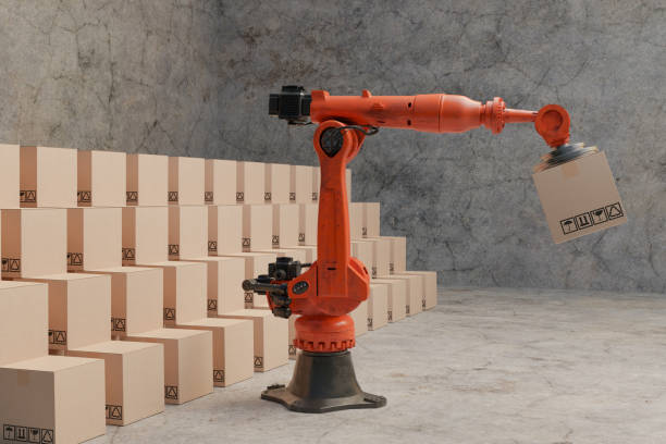 istock Arm Robot AI manufacture Box product Object for manufacturing industry technology Product export and import of future For Products, food, cosmetics, apparel warehouse mechanical future technology 1777461084