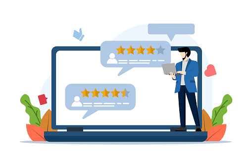app rating concept, Person Character Giving Five Star Feedback. customer reviews. Starred reviews with good and bad rates and text. technology, customer satisfaction, reviews, ui and ux, social media.
