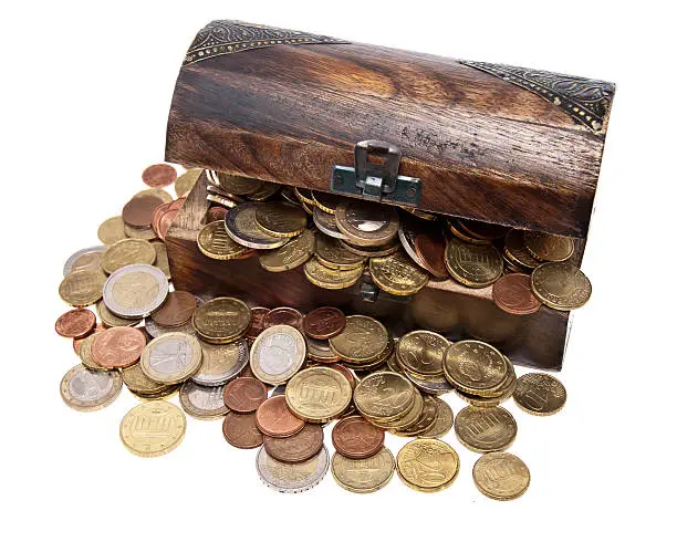 Treasure with Euro-Coins (total view) isolated on white background