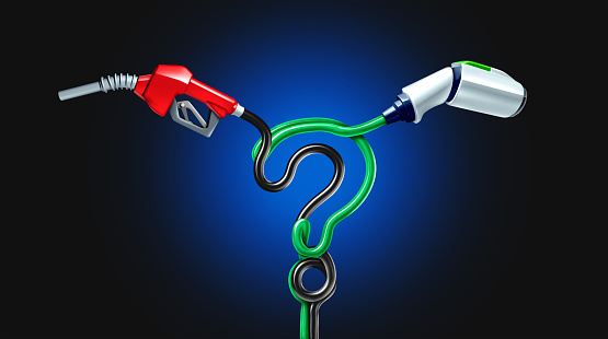 Electric Car versus Gas as fuel choice concept as EV or electric vehicle battery technology and traditional fossil fuel gas pump question representing transportation fueling decisions.