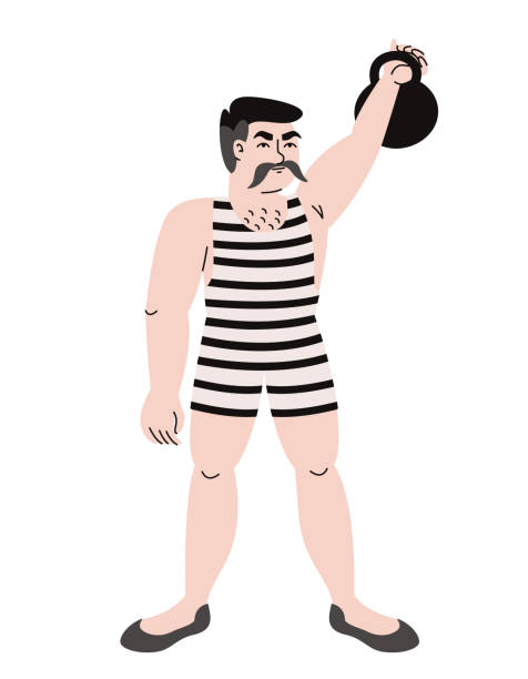 ilustrações, clipart, desenhos animados e ícones de homem forte do circo levanta kettlebell. - circus strongman men muscular build