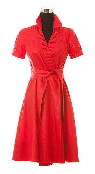istock Red wrap around knee length short sleeved dress 177748326