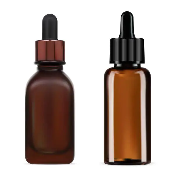 Vector illustration of Brown glass dropper bottle. Cosmetic serum packaging