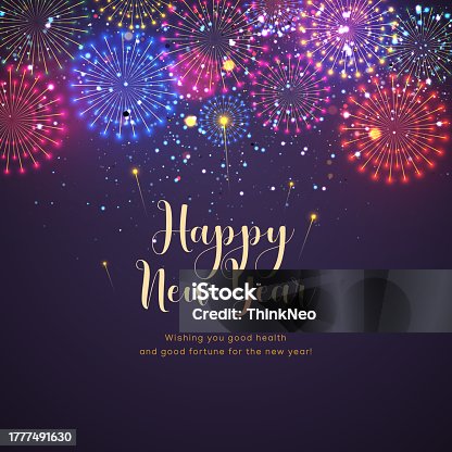 istock happy New Year text with fireworks. Concept for holiday card, poster, banner, flyer. 1777491630