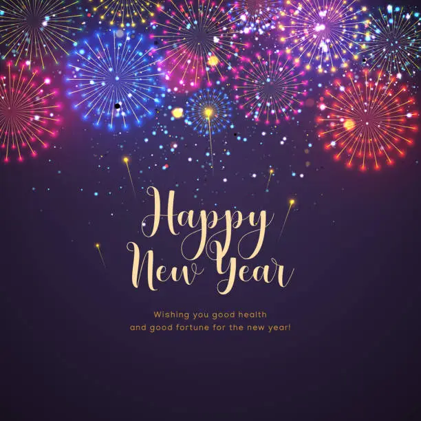 Vector illustration of happy New Year text with fireworks. Concept for holiday card, poster, banner, flyer.