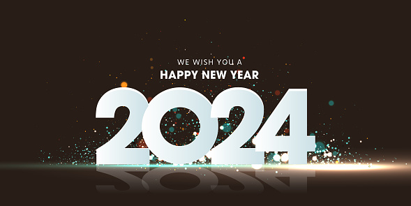 Join the celebration party for the New Year 2024 with lights and outline of 2024 sparkling on the starry background