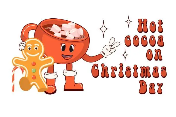 Vector illustration of Hot Cocoa for Christmas. Cute hot cocoa mug and ginger man. Retro character in cartoon fashion groovy style. Atmosphere of the 60's and 70's. Merry Christmas and Happy New Year.