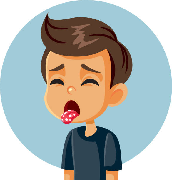 Little Boy Having White Spots on his Tongue Suffering a Fungal Infection Child having problems from an infectious nature experiencing a sore mouth male yeast infection symptoms stock illustrations