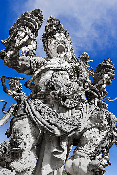 Kumbakarna Laga statue in Eka Karya Botanical Garden, Bedugul, Bali, Indonesia. The statue storytells a Hindu literature about the battle between Kumbhakarna and the monkey army led by Rama.