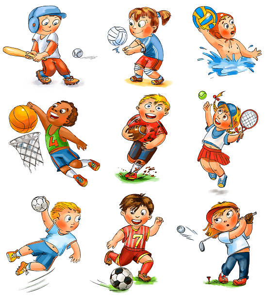 illustrazioni stock, clip art, cartoni animati e icone di tendenza di / a figlio/a di partecipare a sport - tennis child sport cartoon