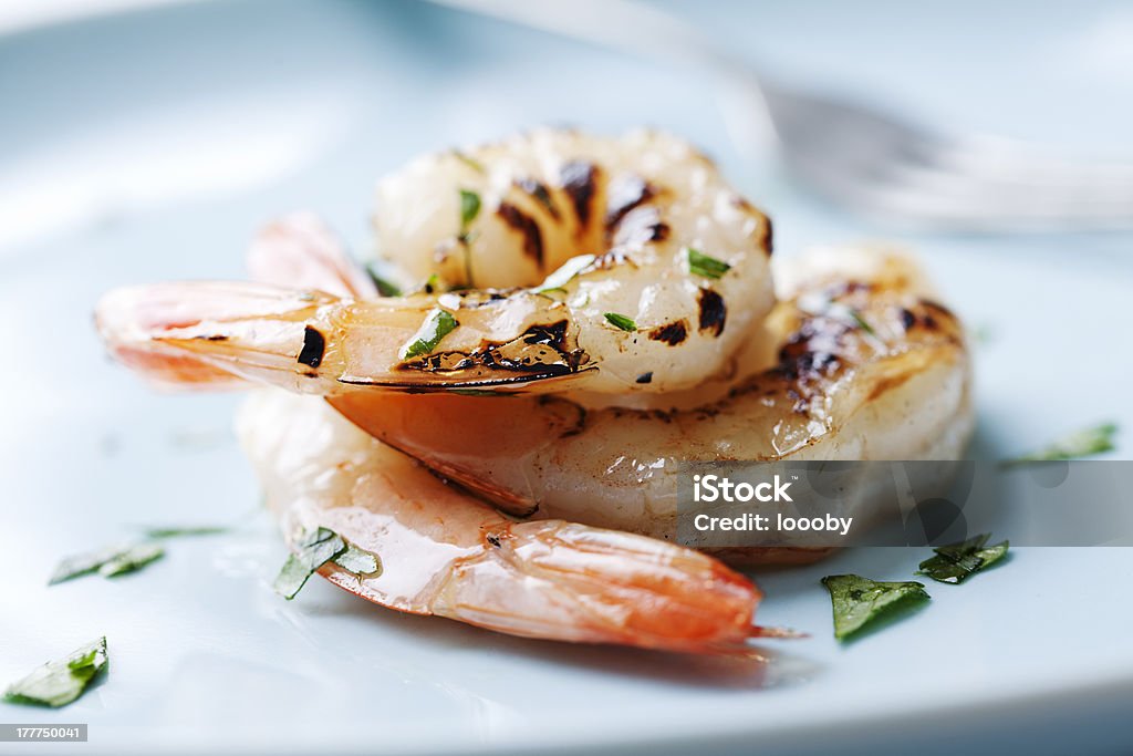 prawns grilled prawns closup with parsley Close-up Stock Photo