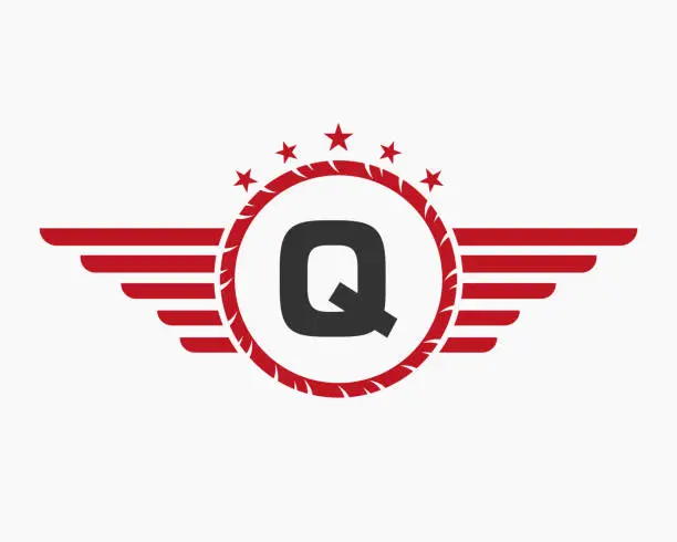 Vector illustration of Initial Wing Logo On Letter Q For Transportation Logo With Star And Speed Symbol